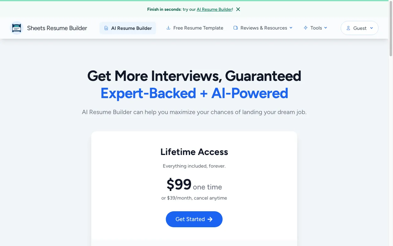 Sheets AI Resume Builder — pricing page