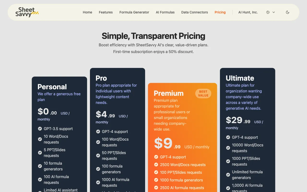 SheetSavvy AI — pricing page