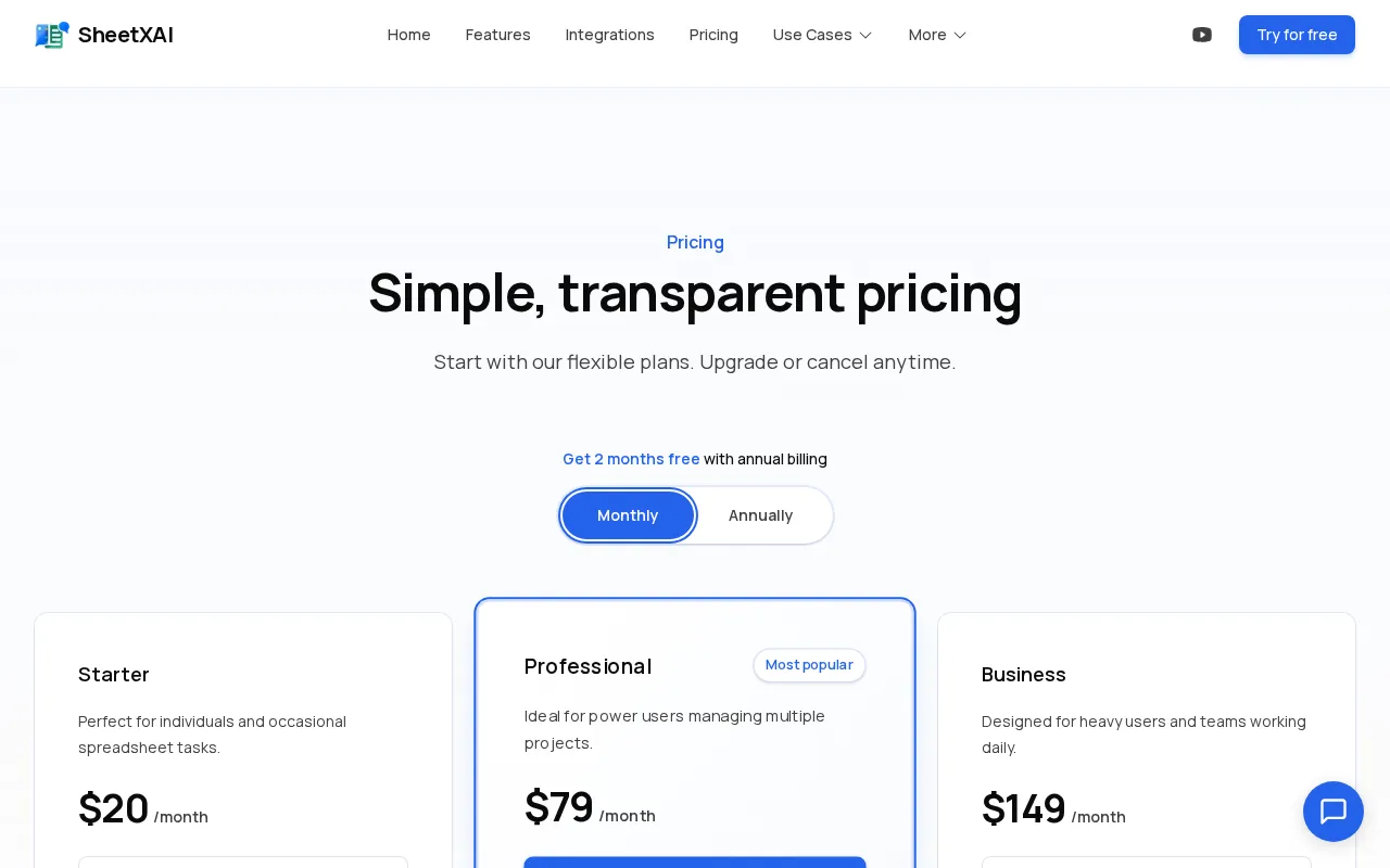 SheetXAI — pricing page