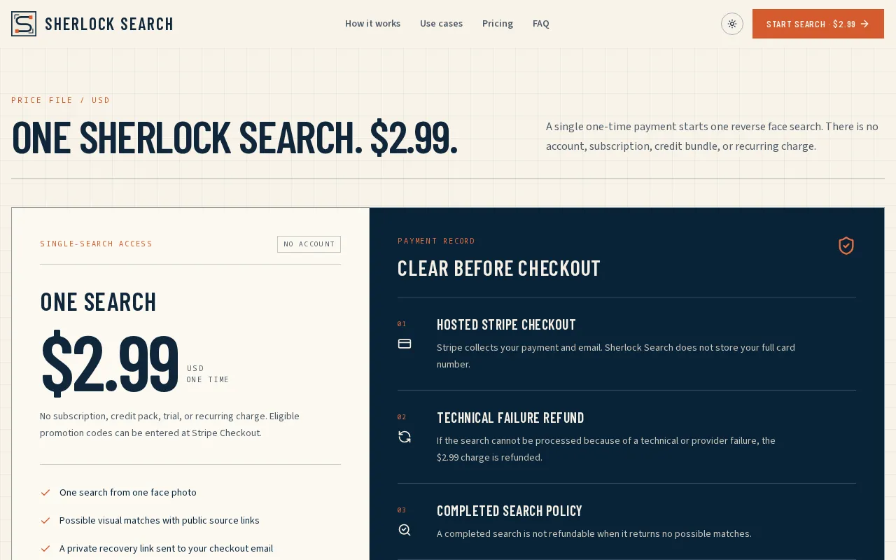 Sherlock Search — pricing page