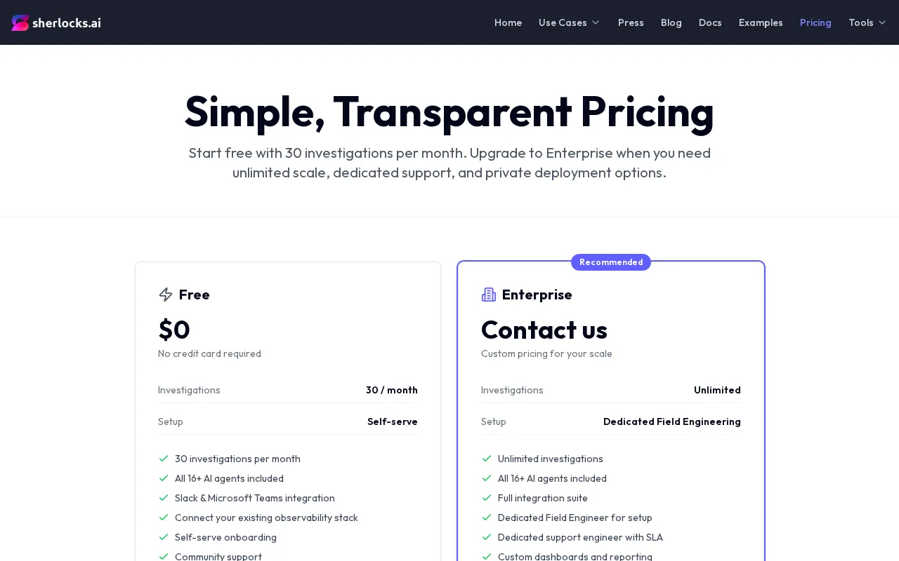 Sherlocks.ai — pricing page