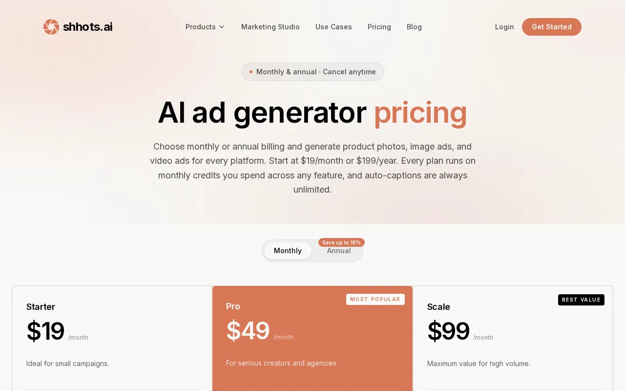 Shhots AI — pricing page