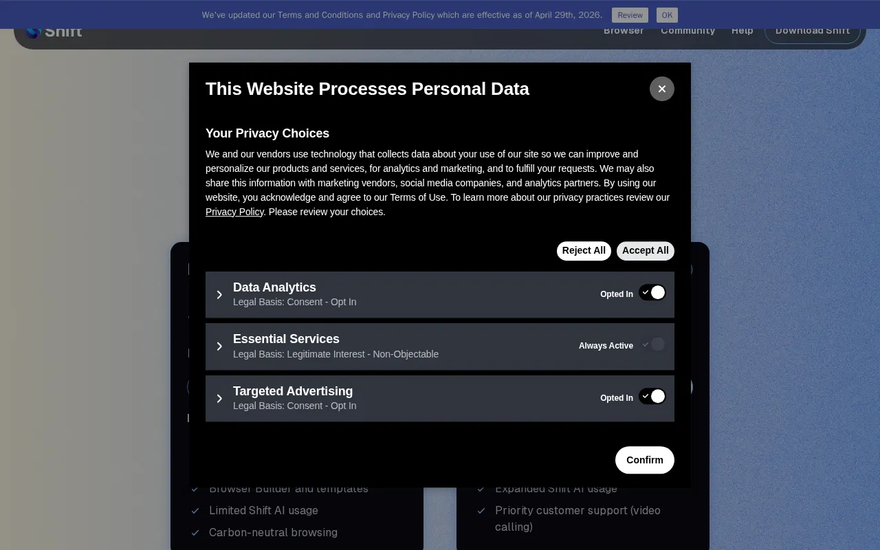 Shift Browser — pricing page