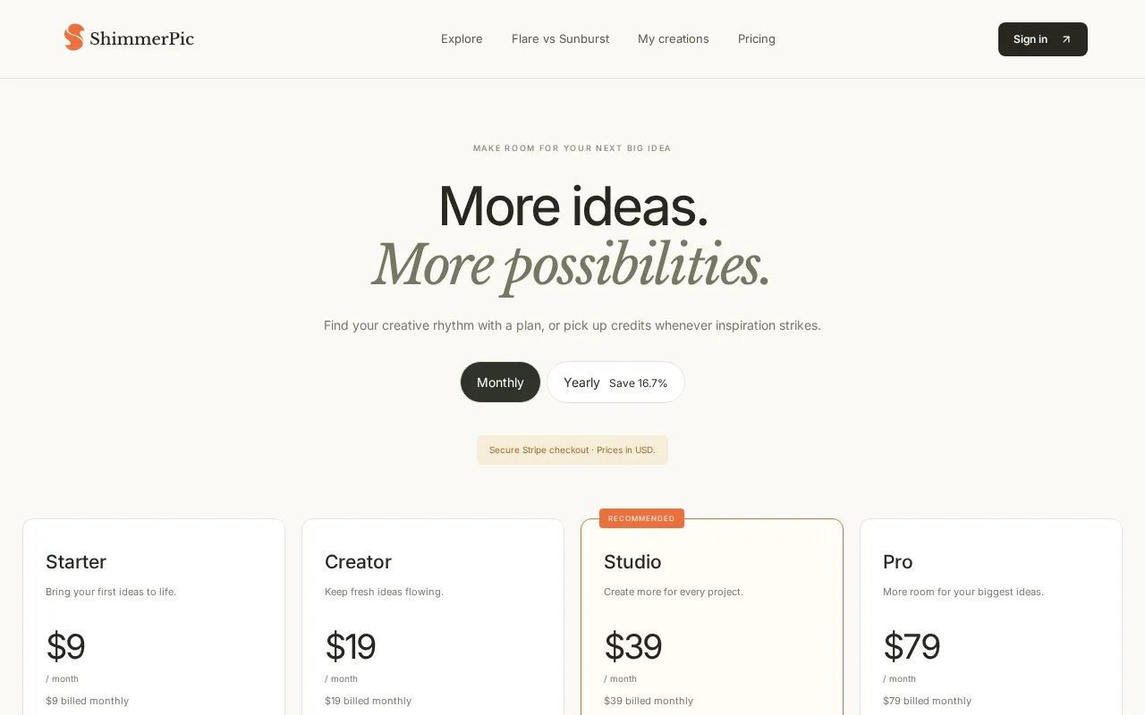 ShimmerPic — pricing page