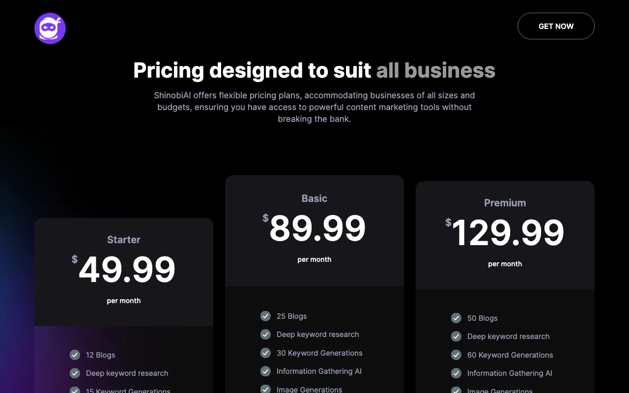 Shinobi AI — pricing page
