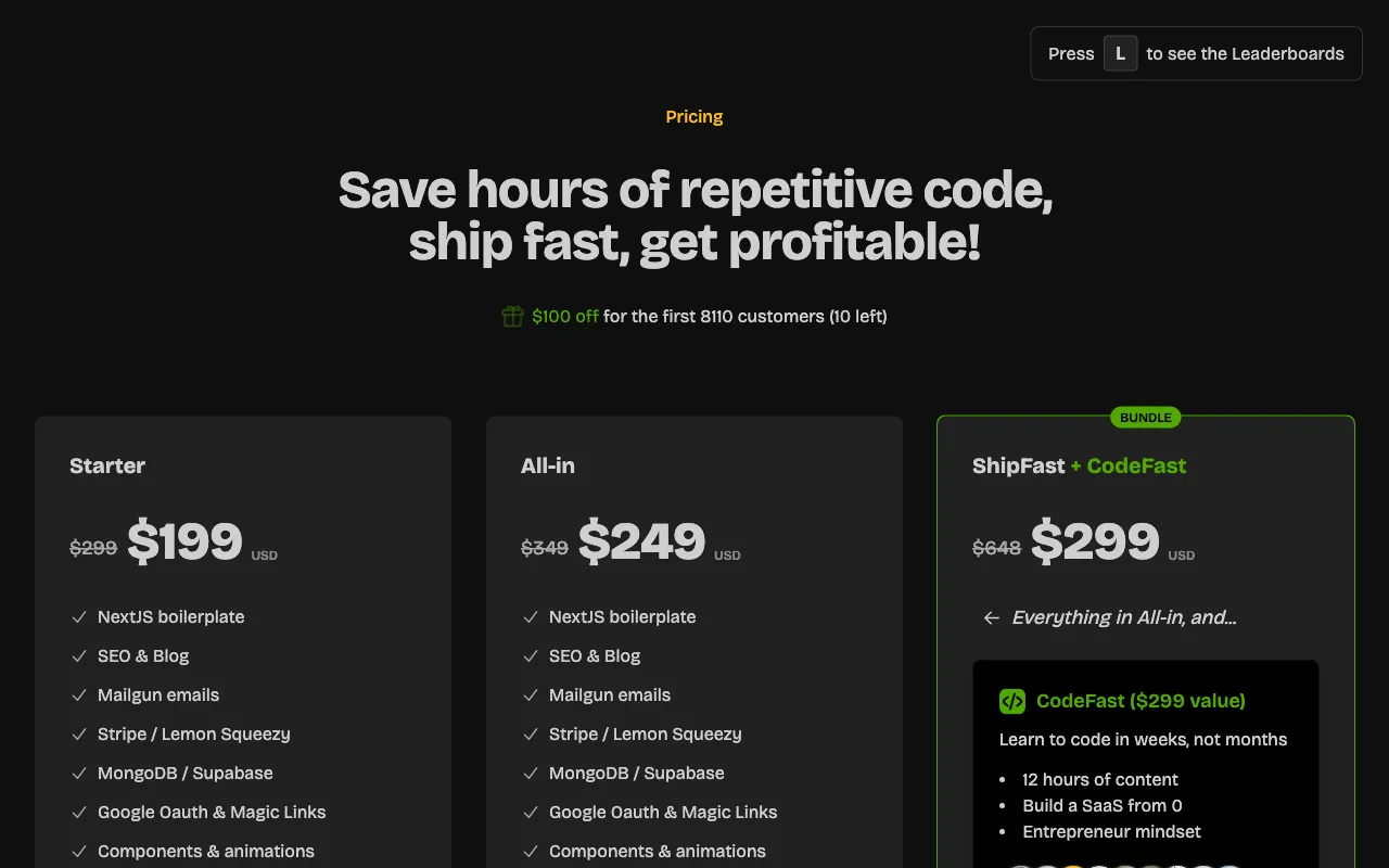 ShipFast — pricing page