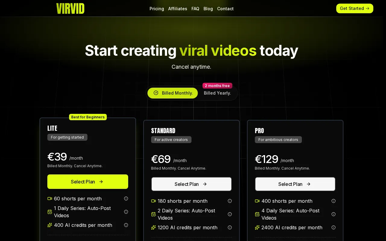 Virvid — pricing page