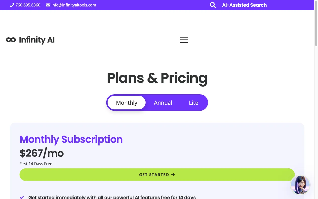 Infinity AI Tools — pricing page