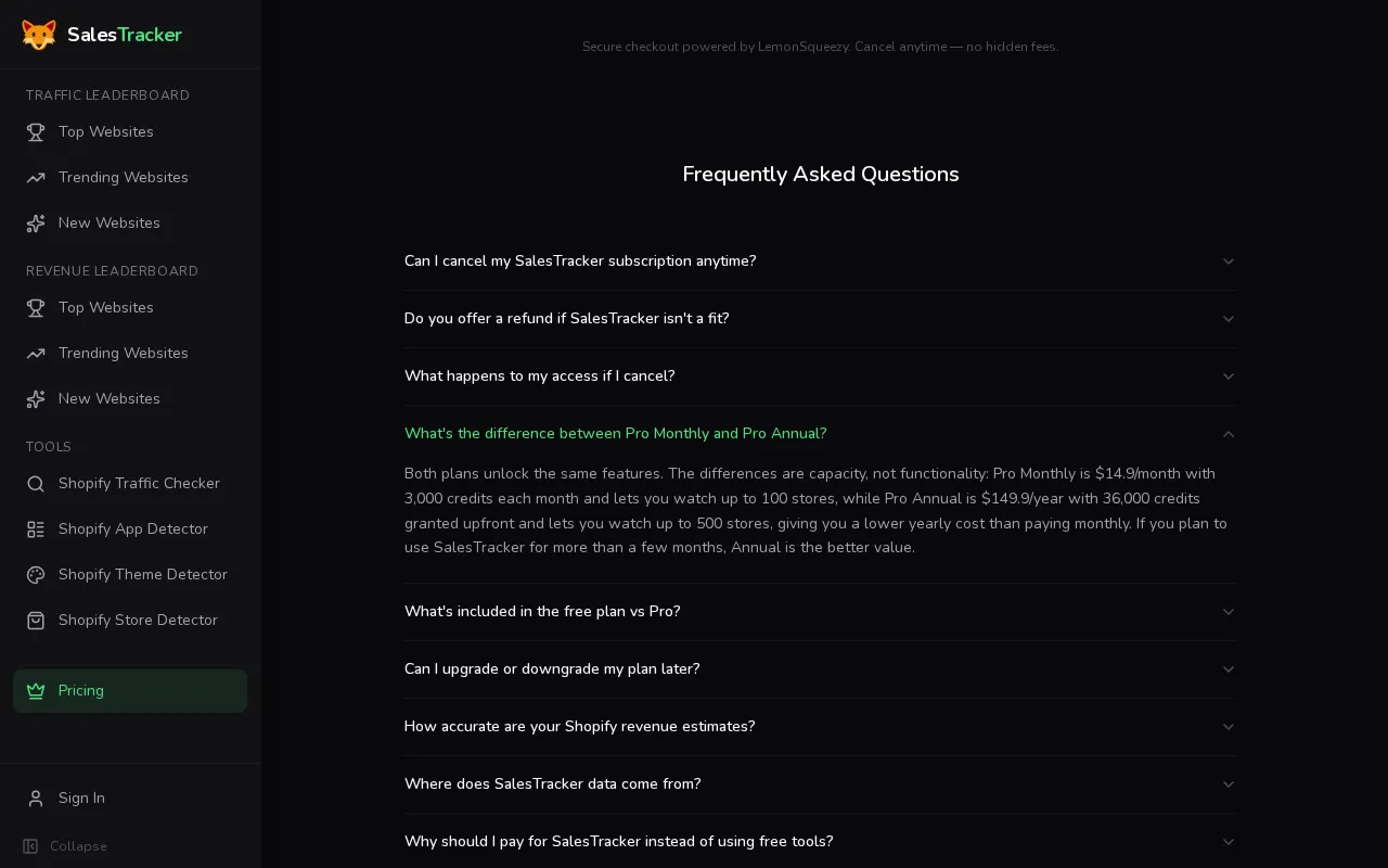 Shopify Sales Tracker — pricing page