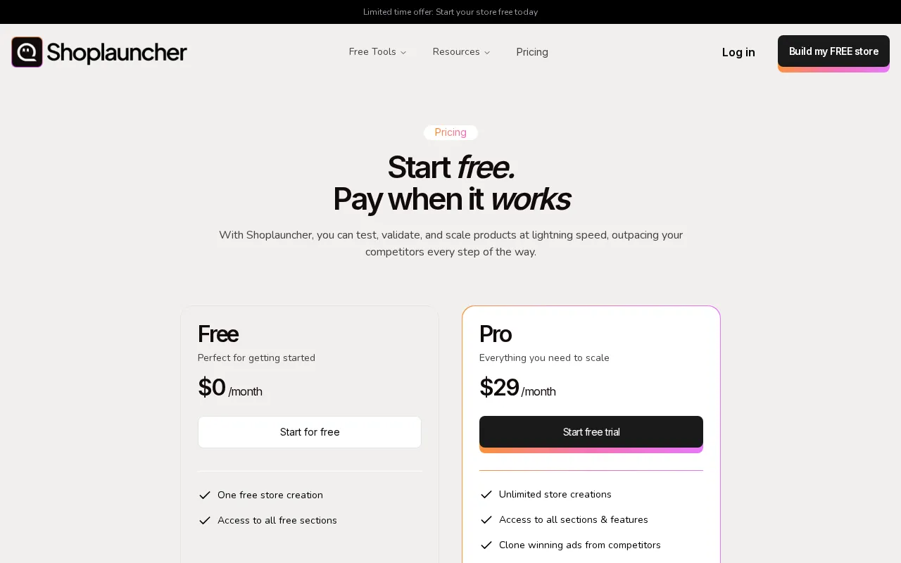 Shoplauncher AI — pricing page