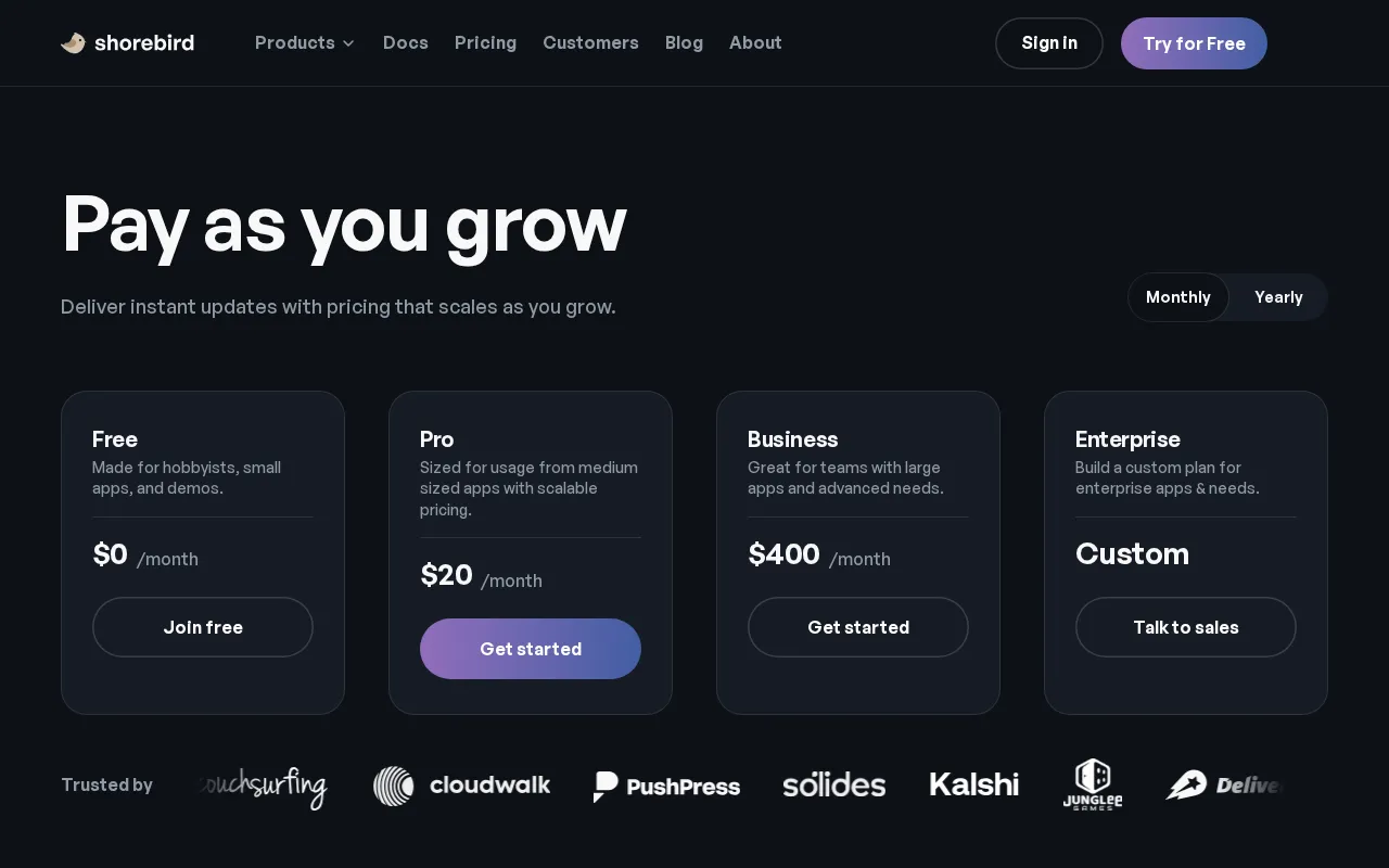Shorebird — pricing page