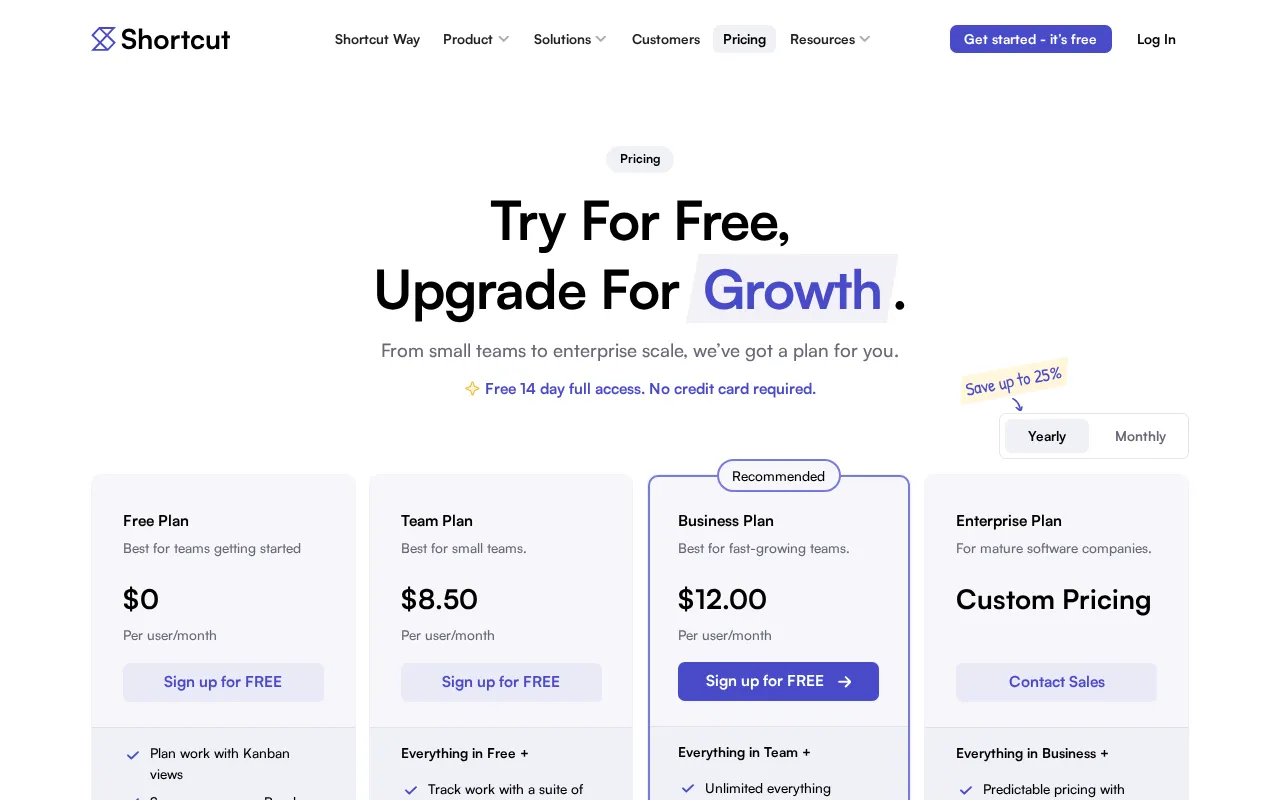 Shortcut — pricing page