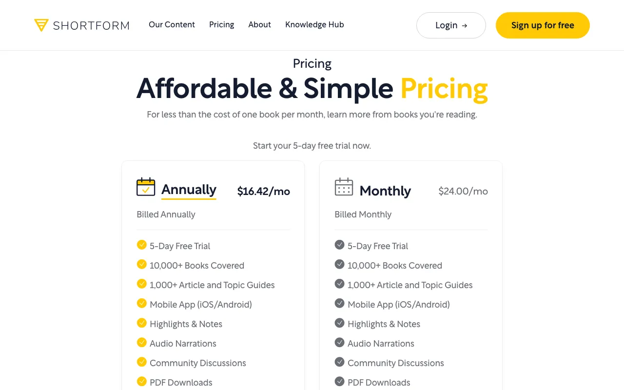 Shortform — pricing page