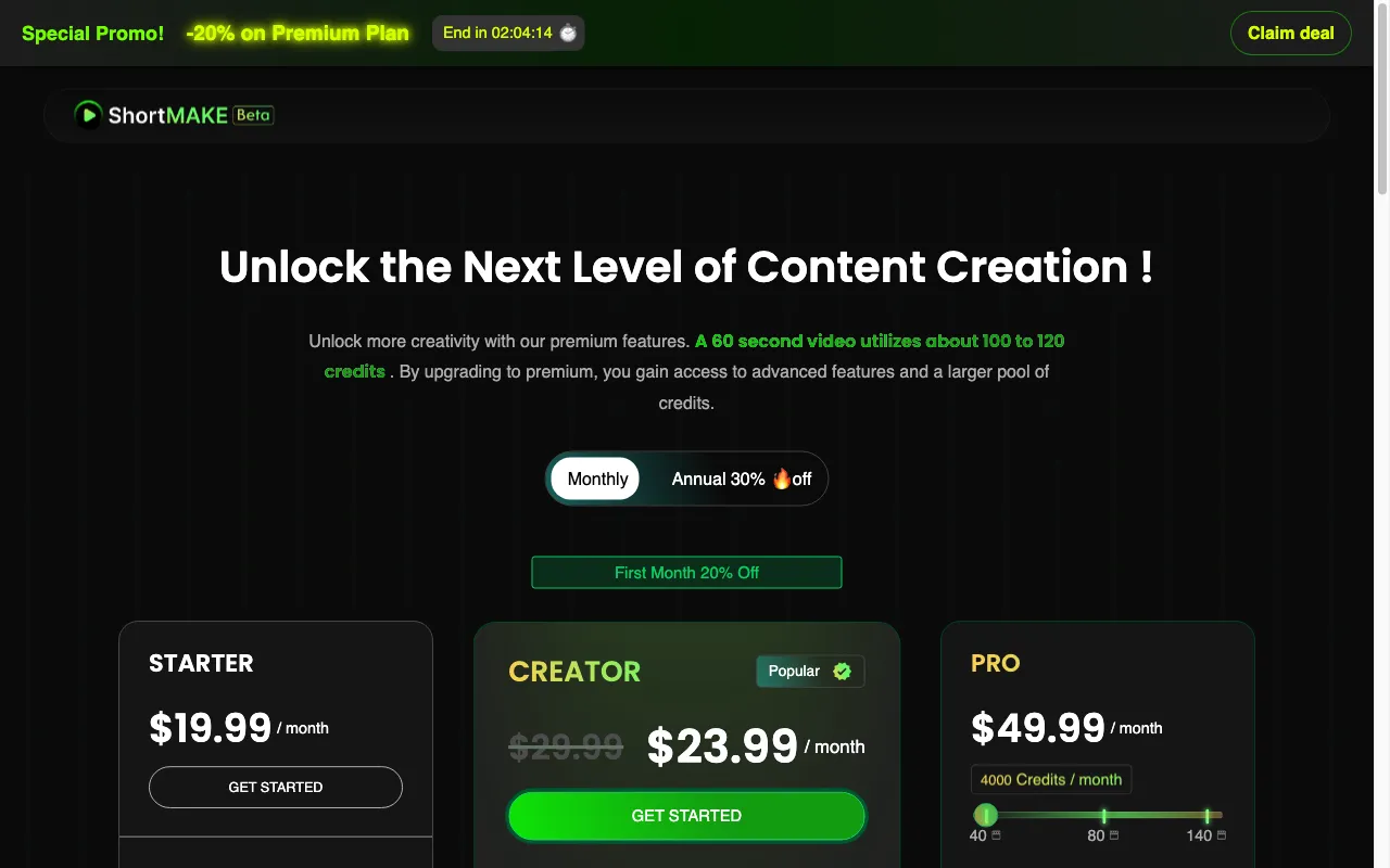 ShortMake — pricing page