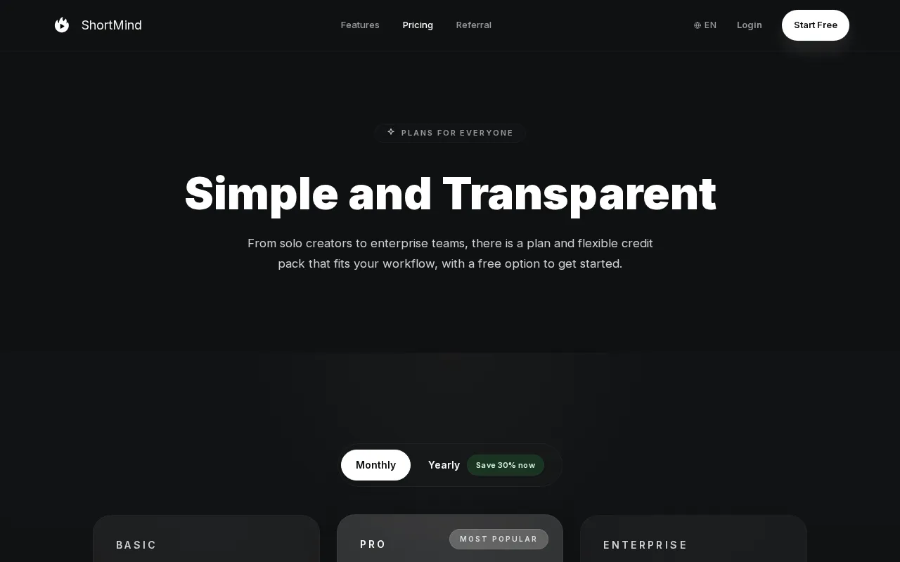 ShortMind — pricing page