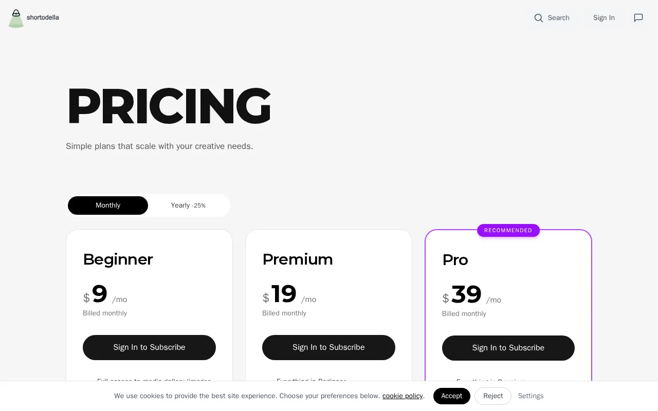 Shortodella — pricing page