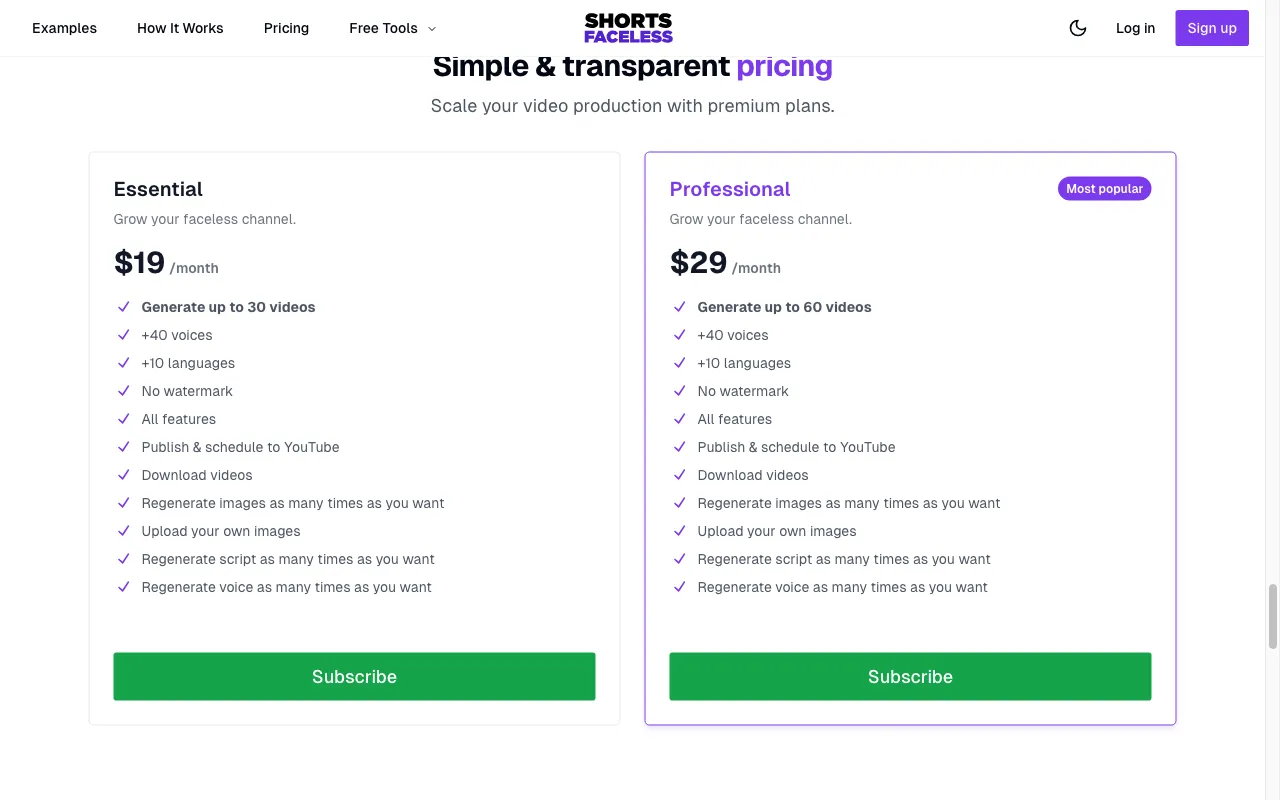 Shorts Faceless — pricing page