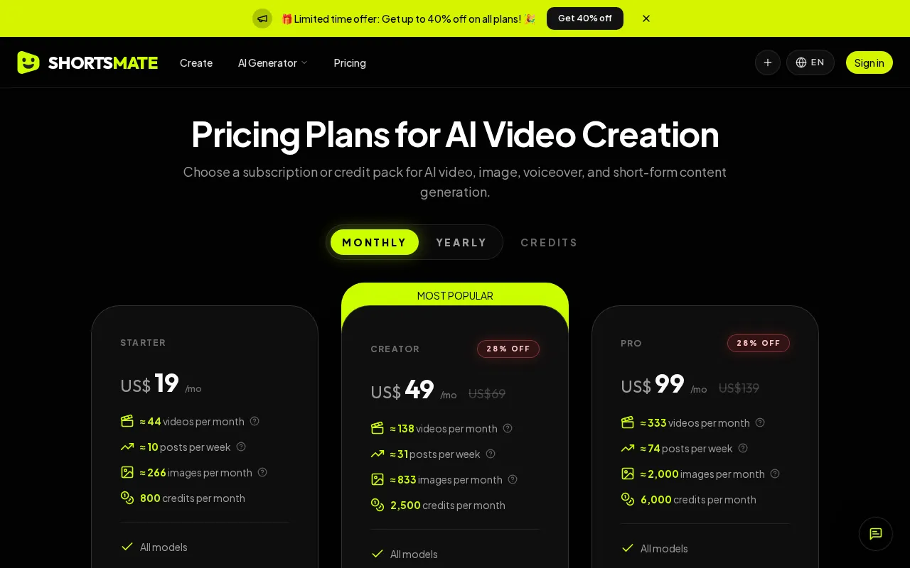 ShortsMate — pricing page
