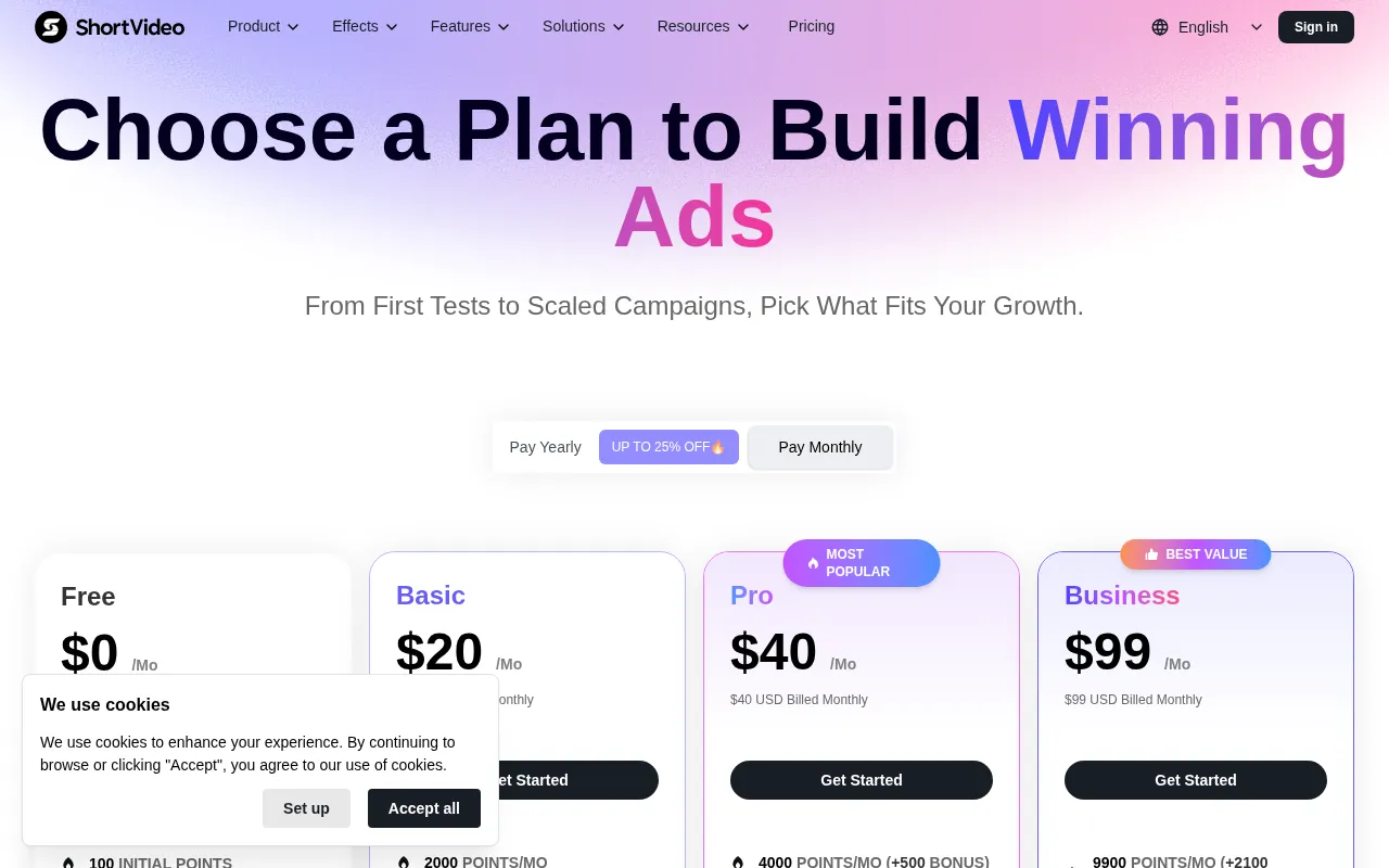 Shortvideo — pricing page