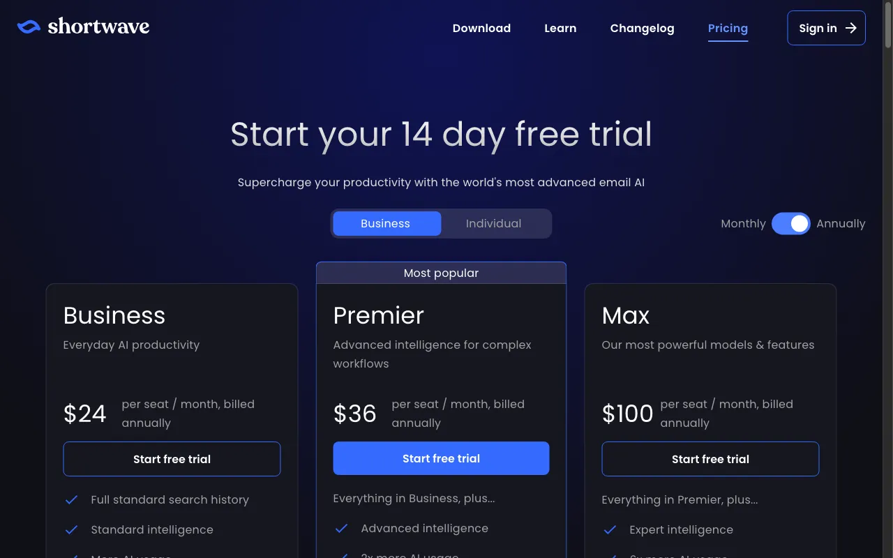 Shortwave — pricing page
