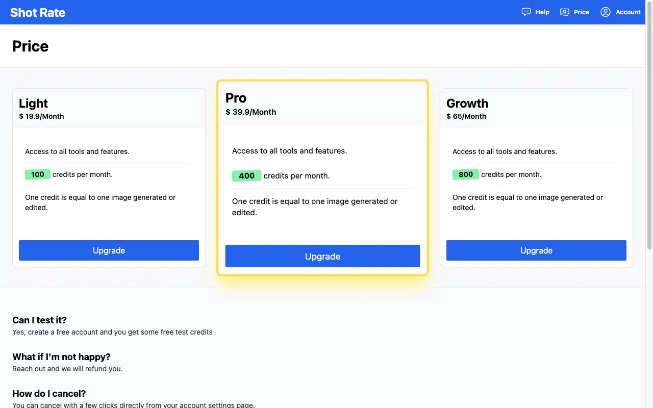 Shot Rate — pricing page