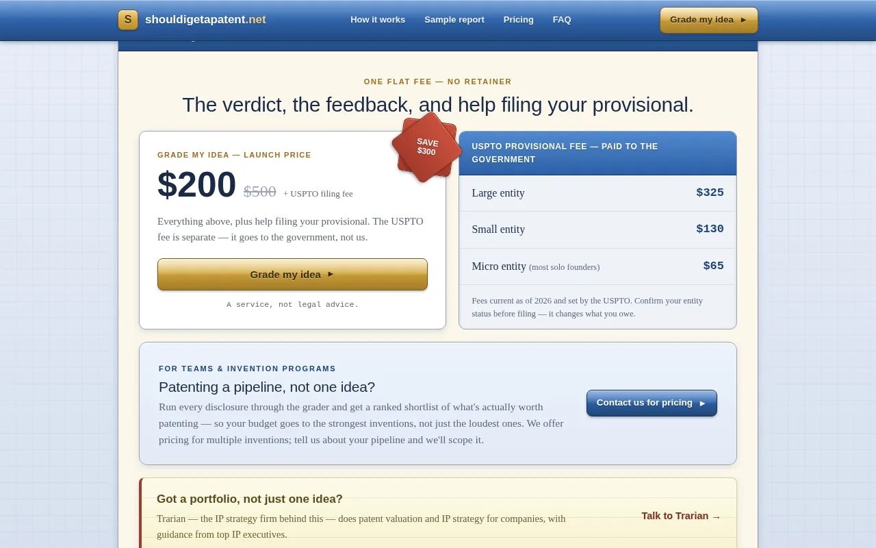 shouldigetapatent.net — pricing page