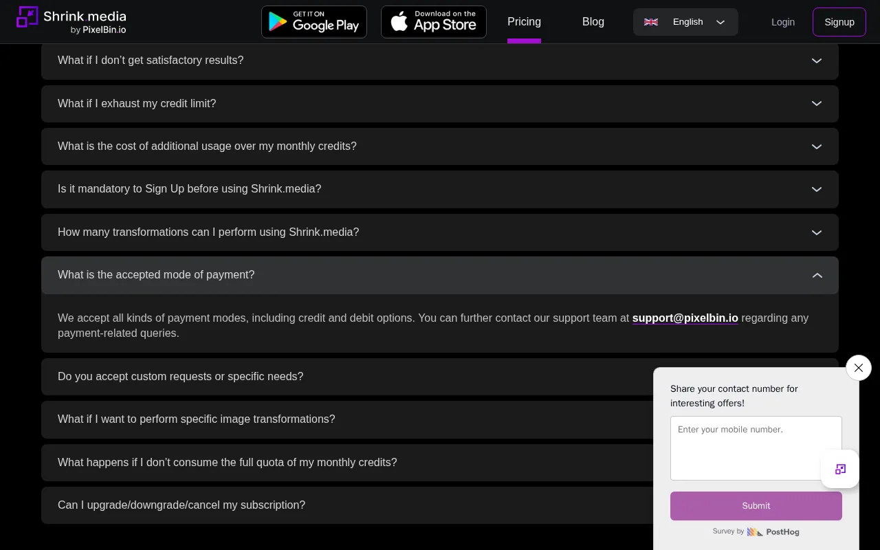 Shrink.media — pricing page