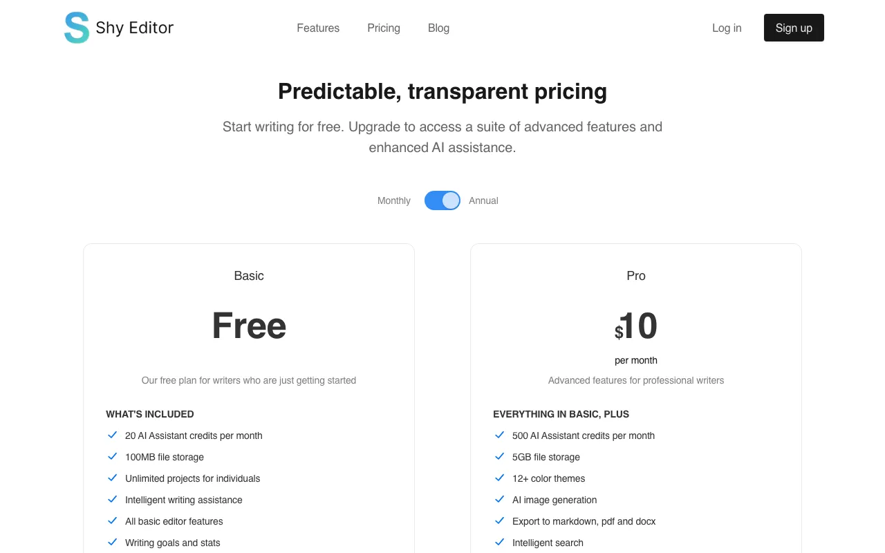 Shy Editor — pricing page