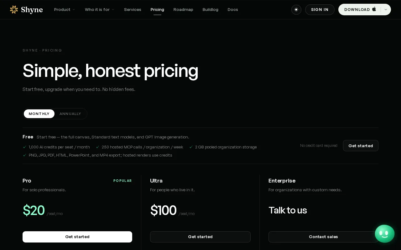 Shyne — pricing page