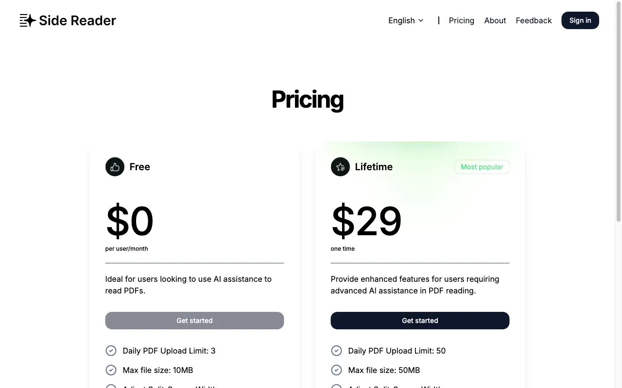 Side Reader — pricing page