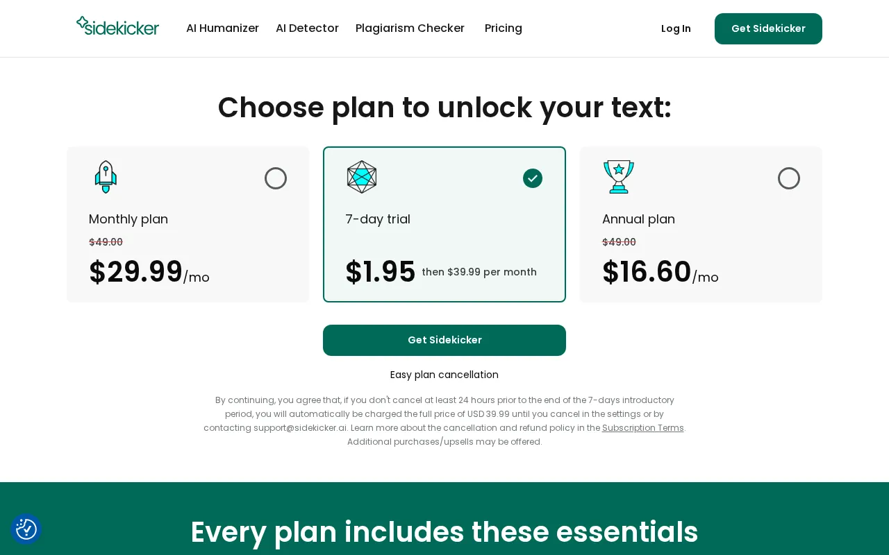 SideKicker AI — pricing page