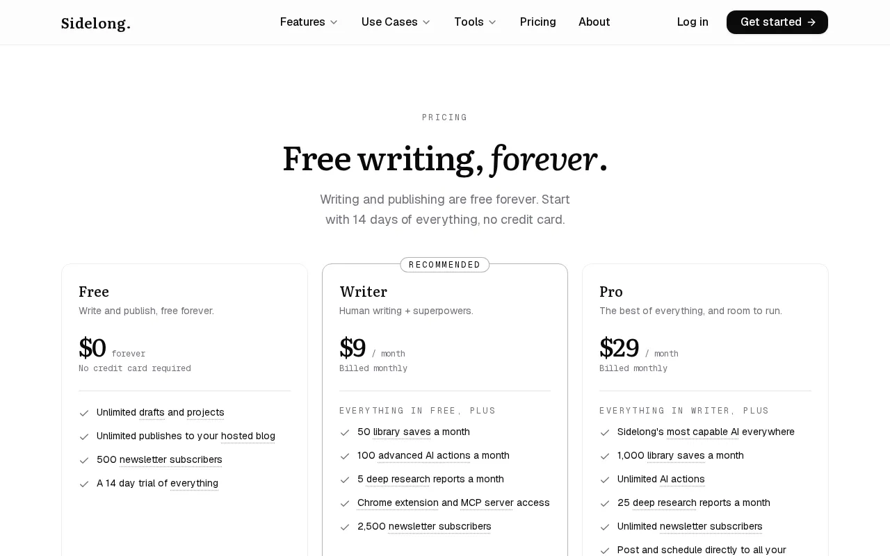 Sidelong — pricing page