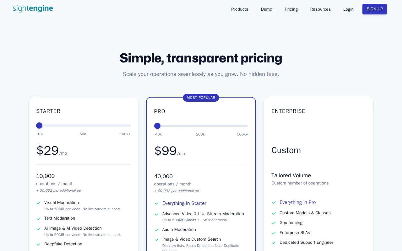 Sightengine — pricing page