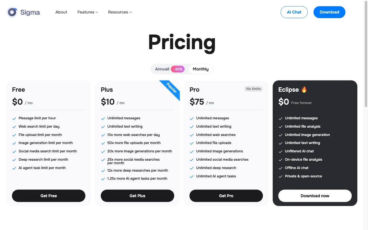 Sigma AI Browser — pricing page