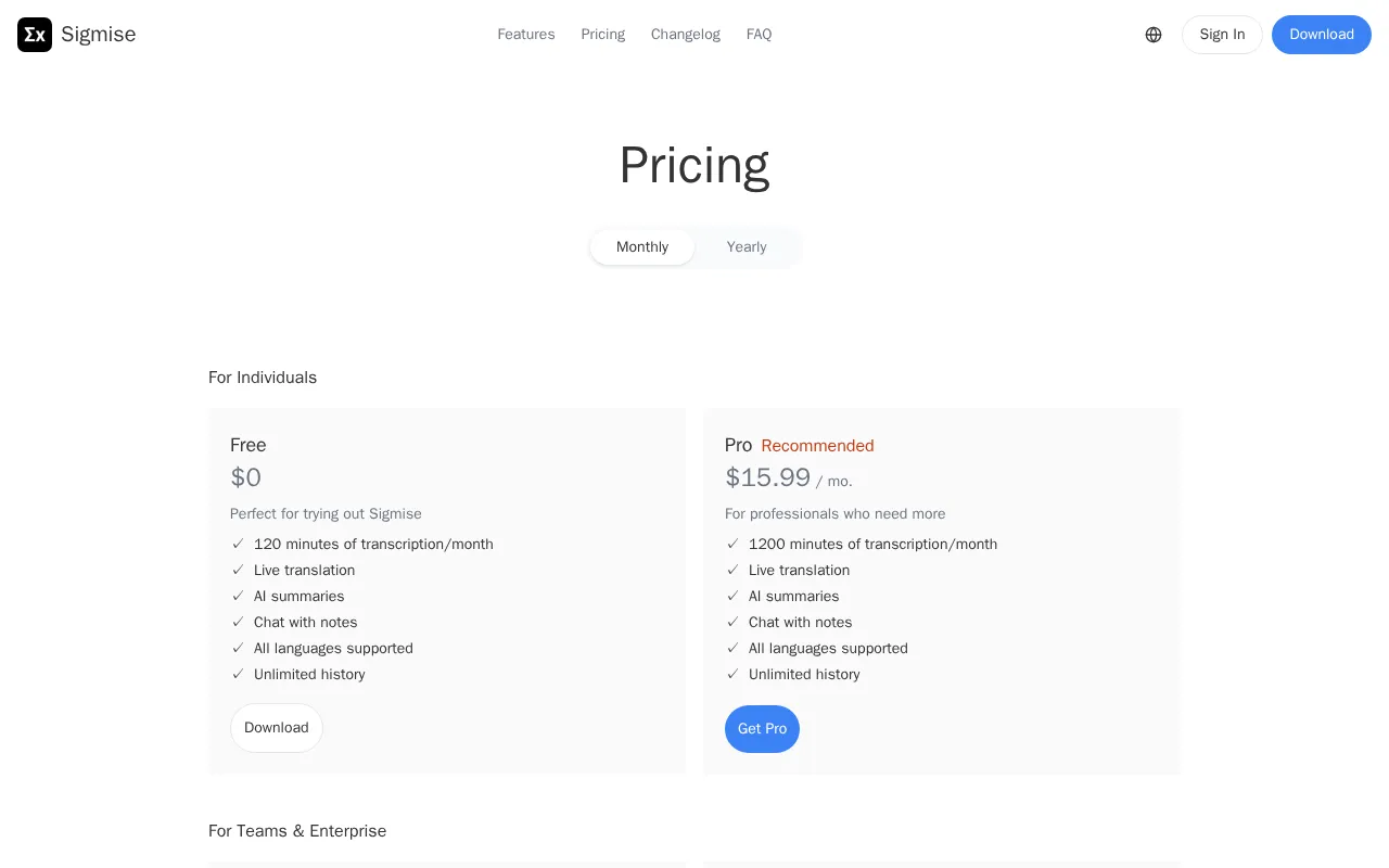 Sigmise — pricing page