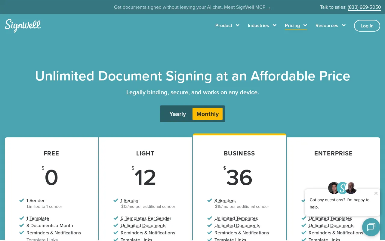 Signwell — pricing page