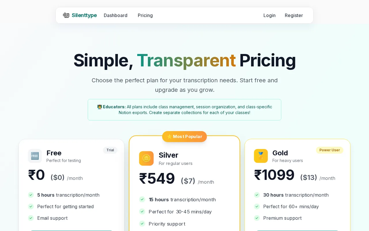 Silenttype — pricing page