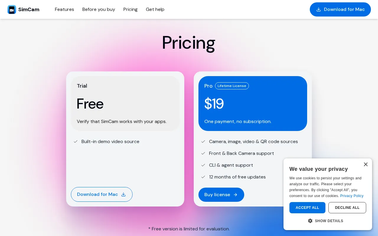 SimCam — pricing page