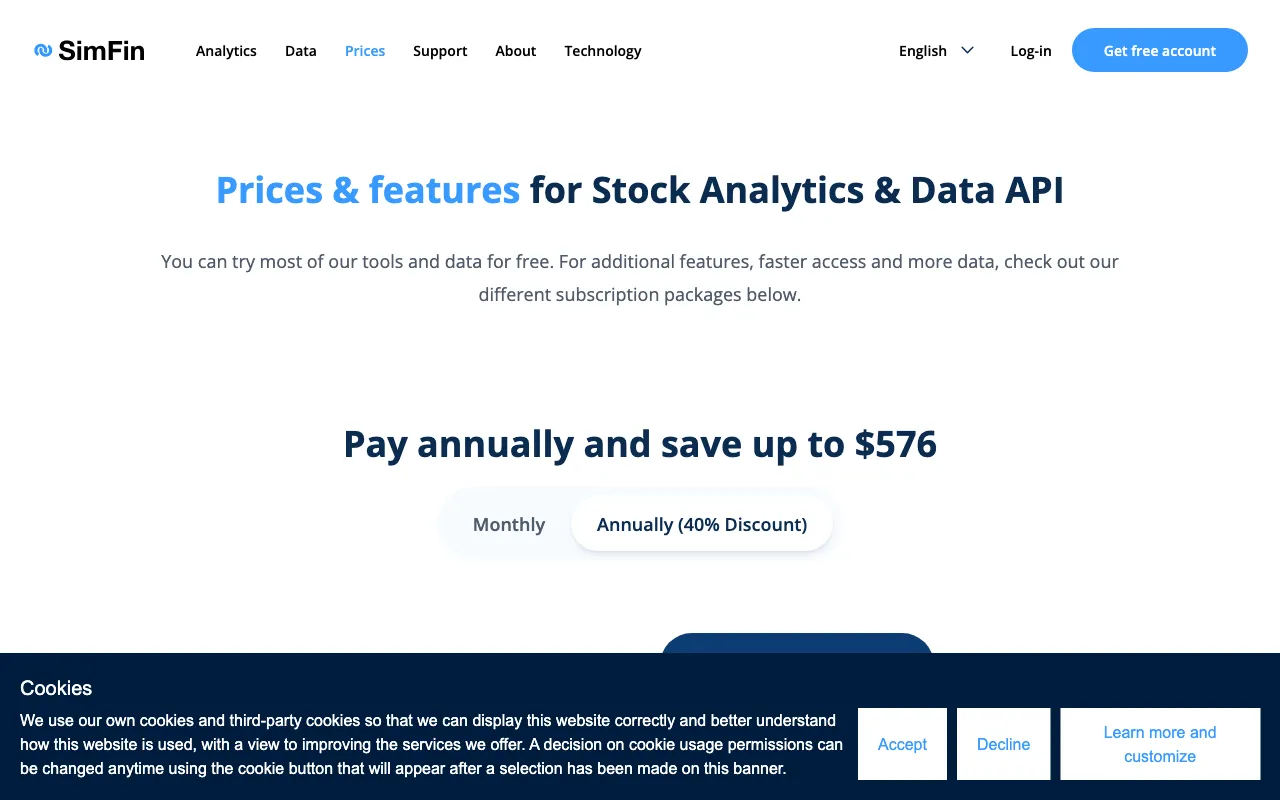 SimFin — pricing page
