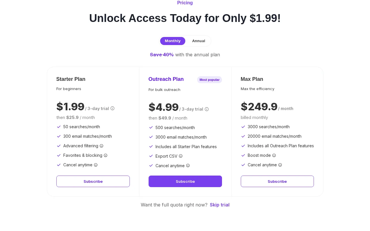SimilarTube — pricing page