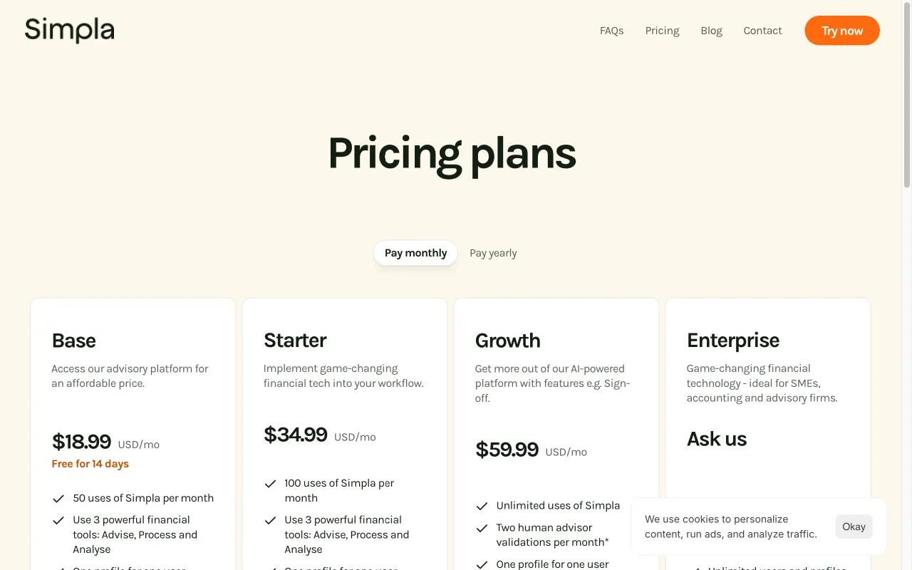 Simpla AI — pricing page