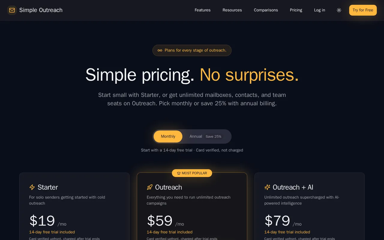 Simple Outreach — pricing page