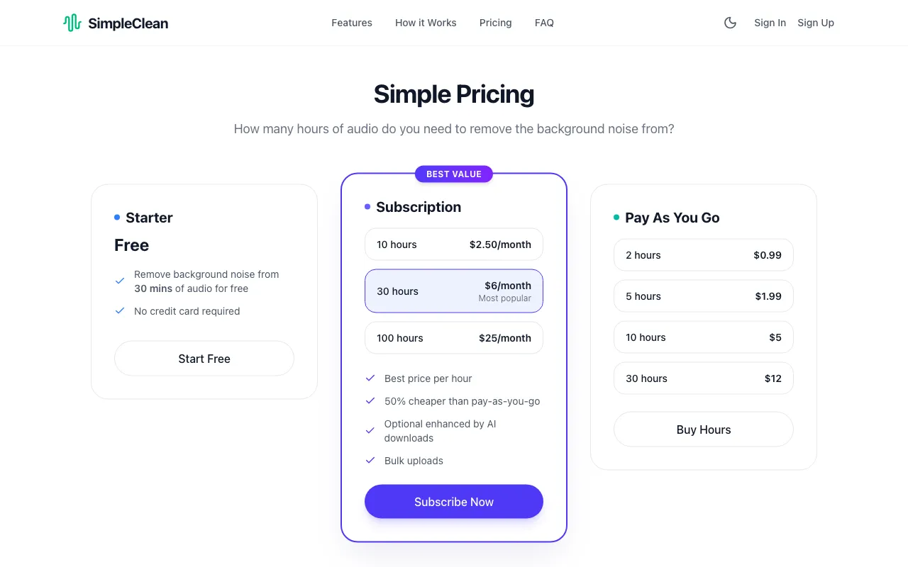 SimpleClean — pricing page