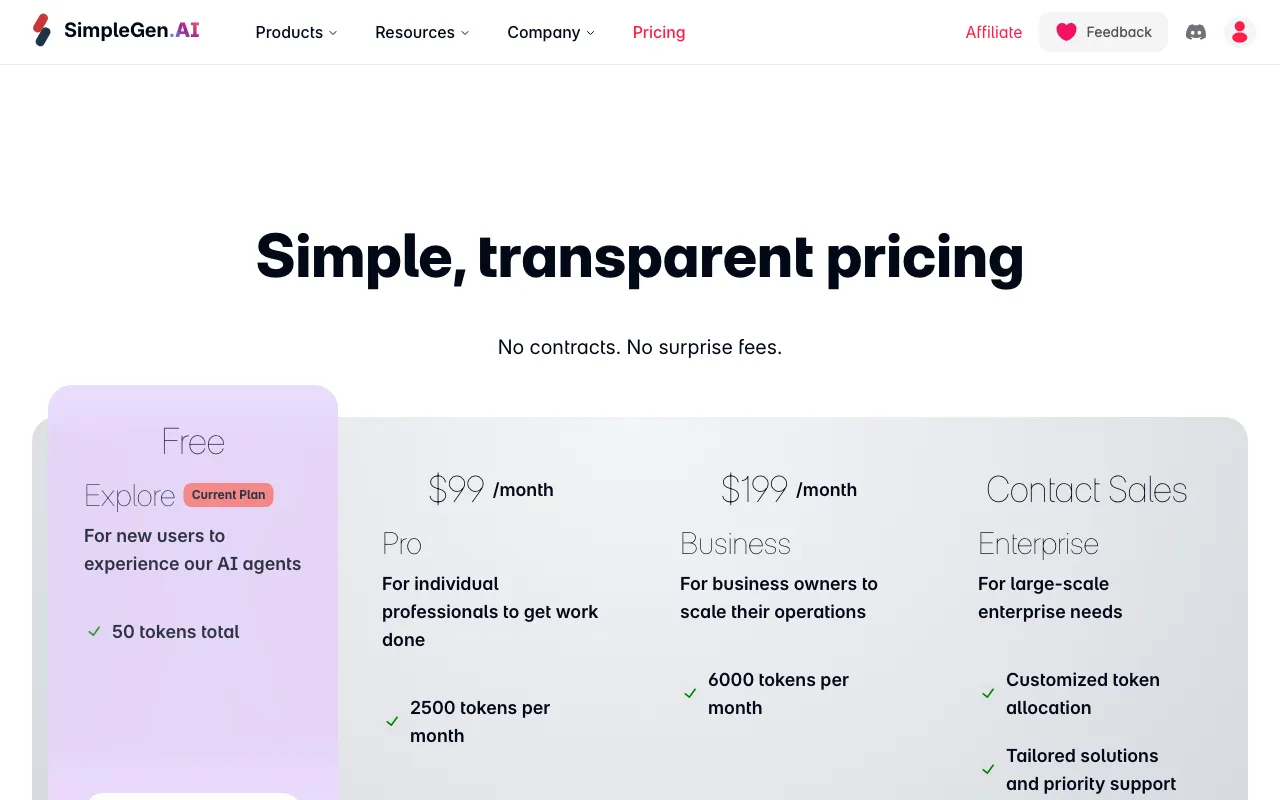 simplegen.ai — pricing page