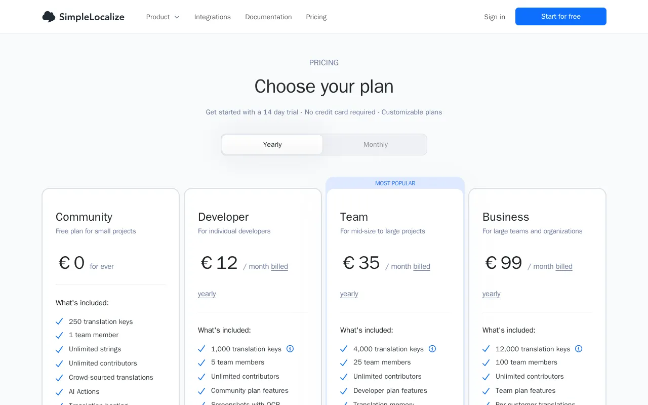 SimpleLocalize.io — pricing page