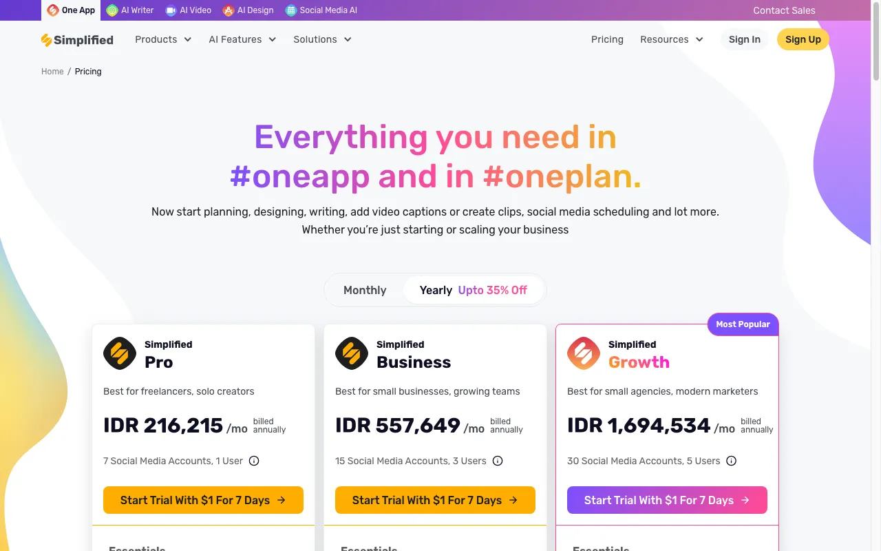 simplified.co — pricing page