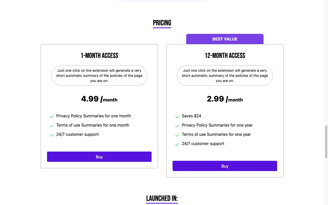 Simpliterms — pricing page