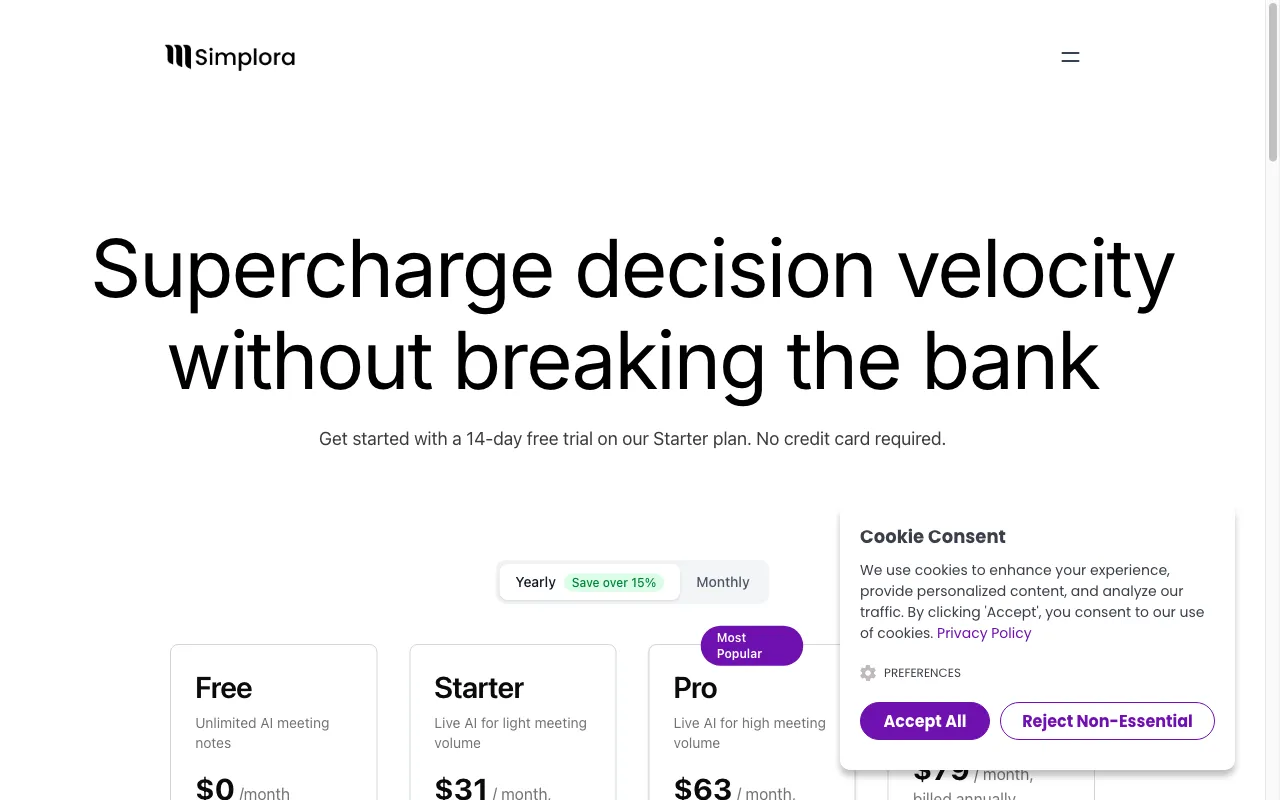 Simplora — pricing page