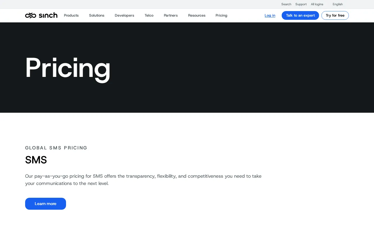 Sinch — pricing page