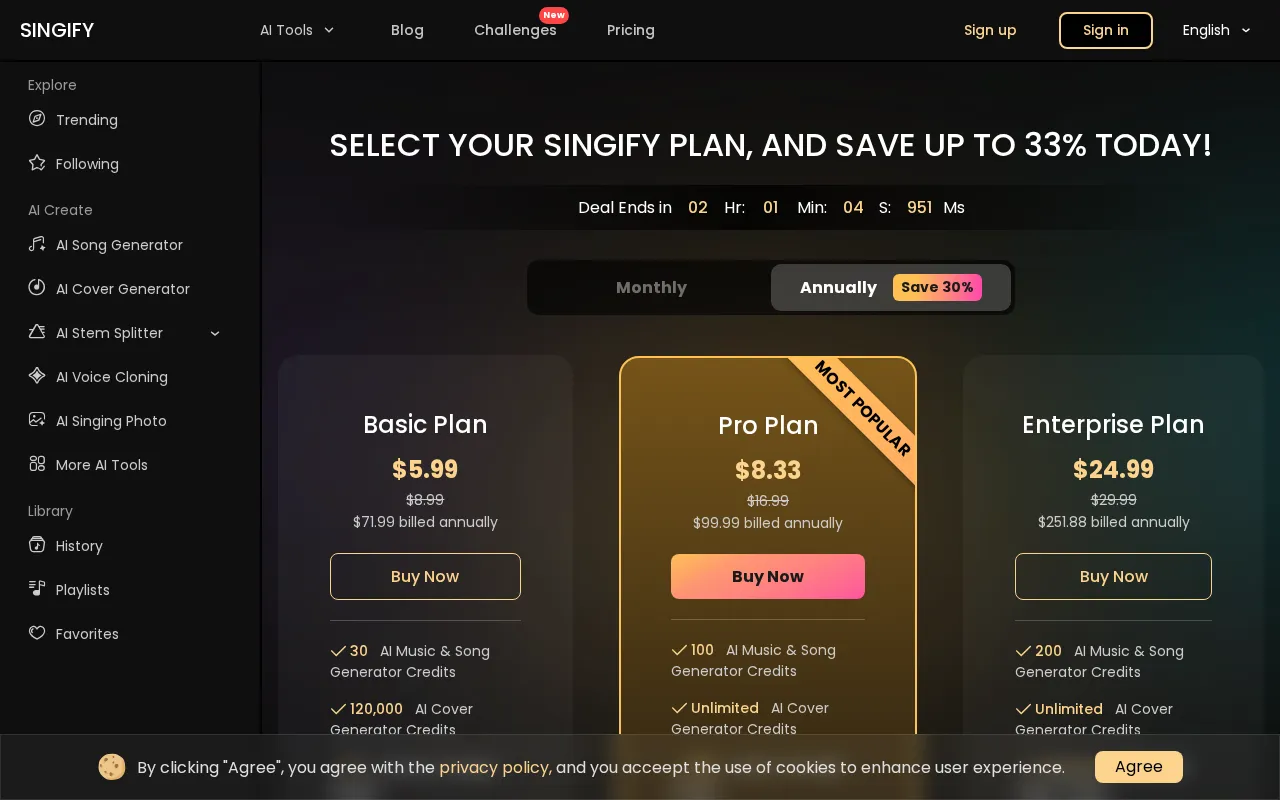 Singify Vocal Remover — pricing page